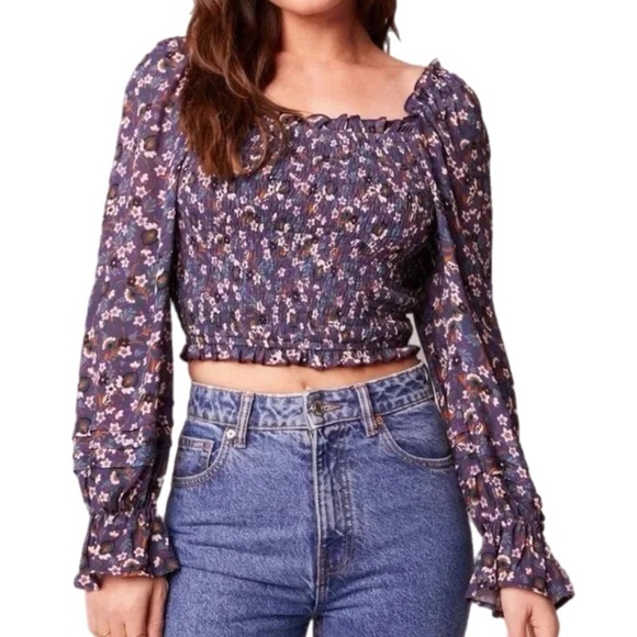 NWT BAND OF THE FREE Cropped Purple Floral Smocked Long Sleeve Blouse Sz XS - Picture 2 of 12